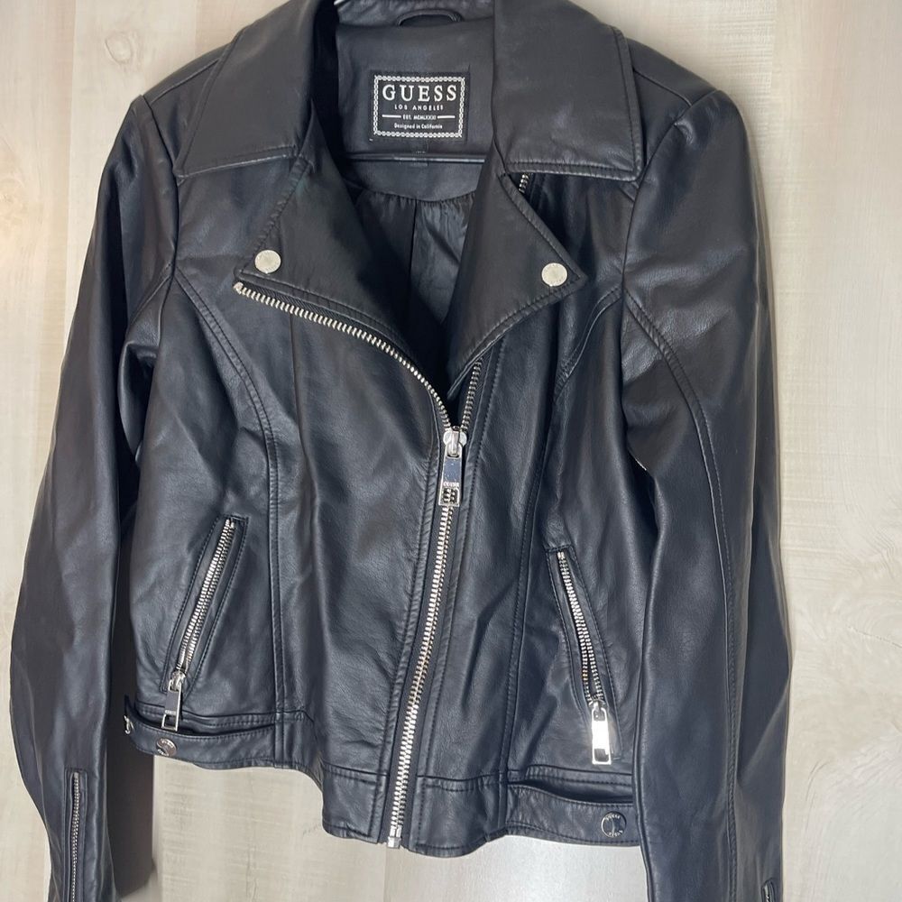 Guess black‎ faux leather moto jacket silver trim, size small